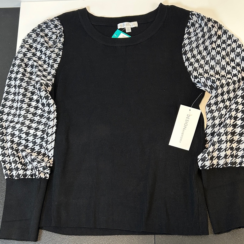 Design History Printed Houndstooth Chiffon Long Sleeve Sweater Women’s Size